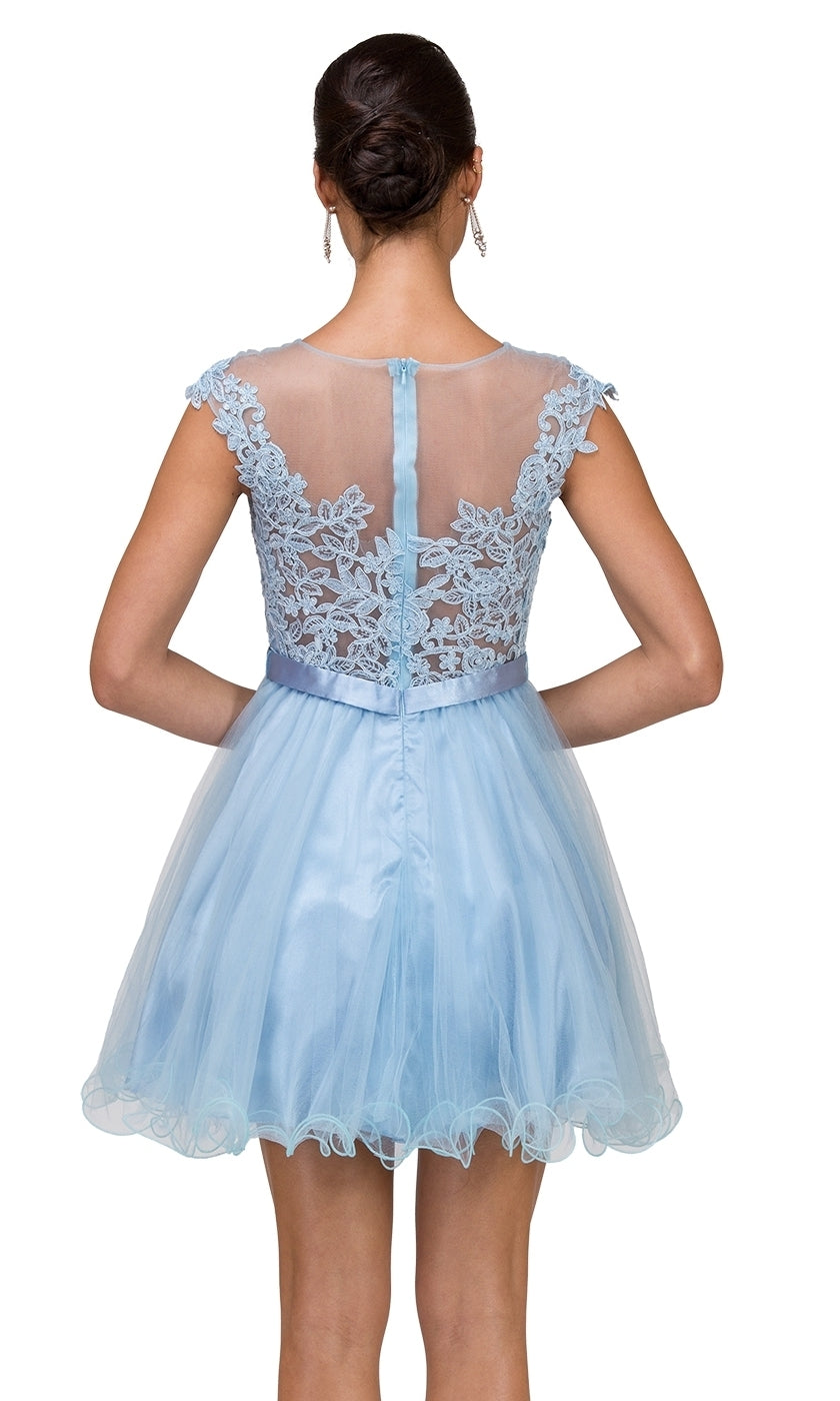 A woman is seen from behind in the Lace-Applique-Bodice Short Homecoming Dress, featuring light blue fabric, an embroidered lace back, and a tulle skirt.
